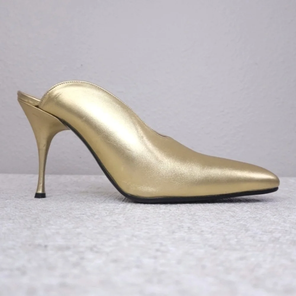 Vintage FREE LANCE Paris Mules Metallic Gold Leather Stiletto Heels Pumps EU 38 - Picture 3 of 12